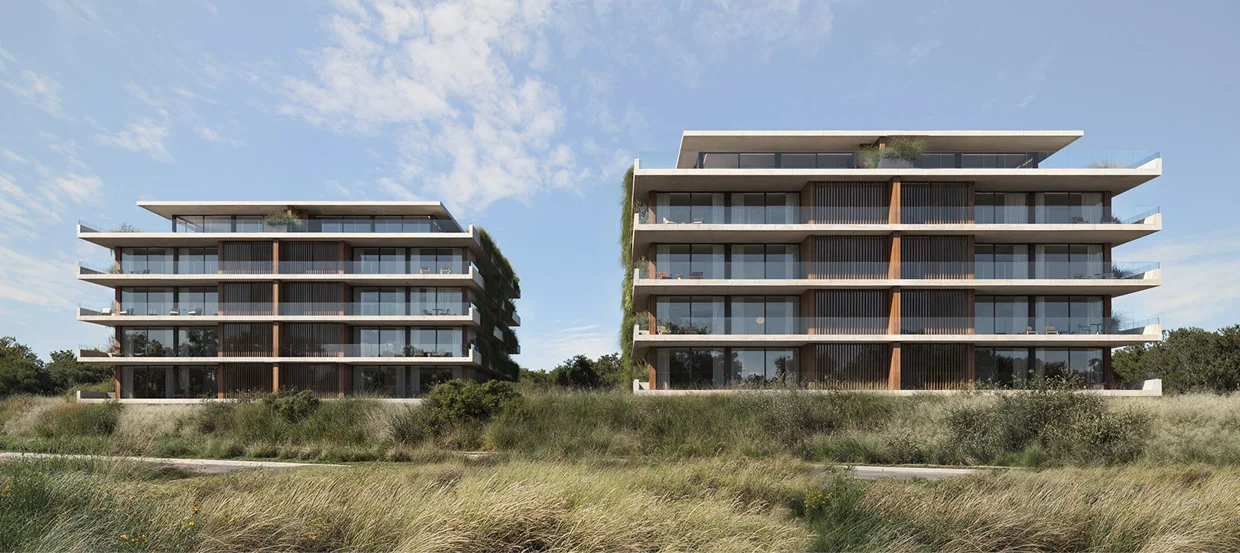 Imagen de una casa de campo moderna con un techo verde, ubicada junto a un lago y rodeada de naturaleza.