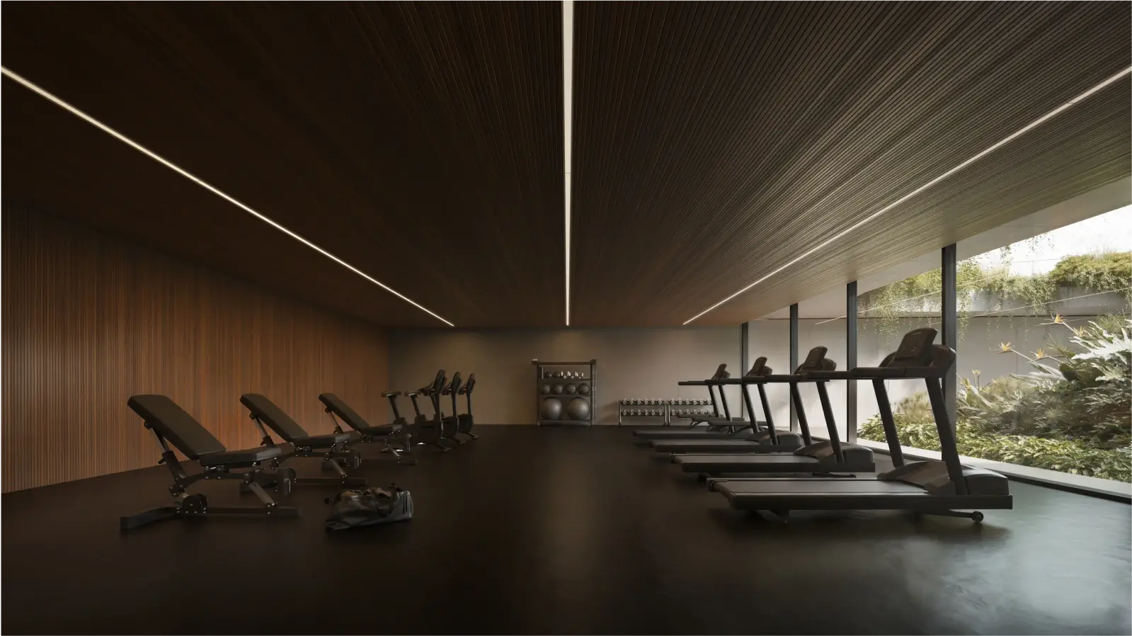 Moderno gimnasio equipado con maquinaria de última generación, rodeado de un ambiente elegante y con vistas a un exuberante jardín.