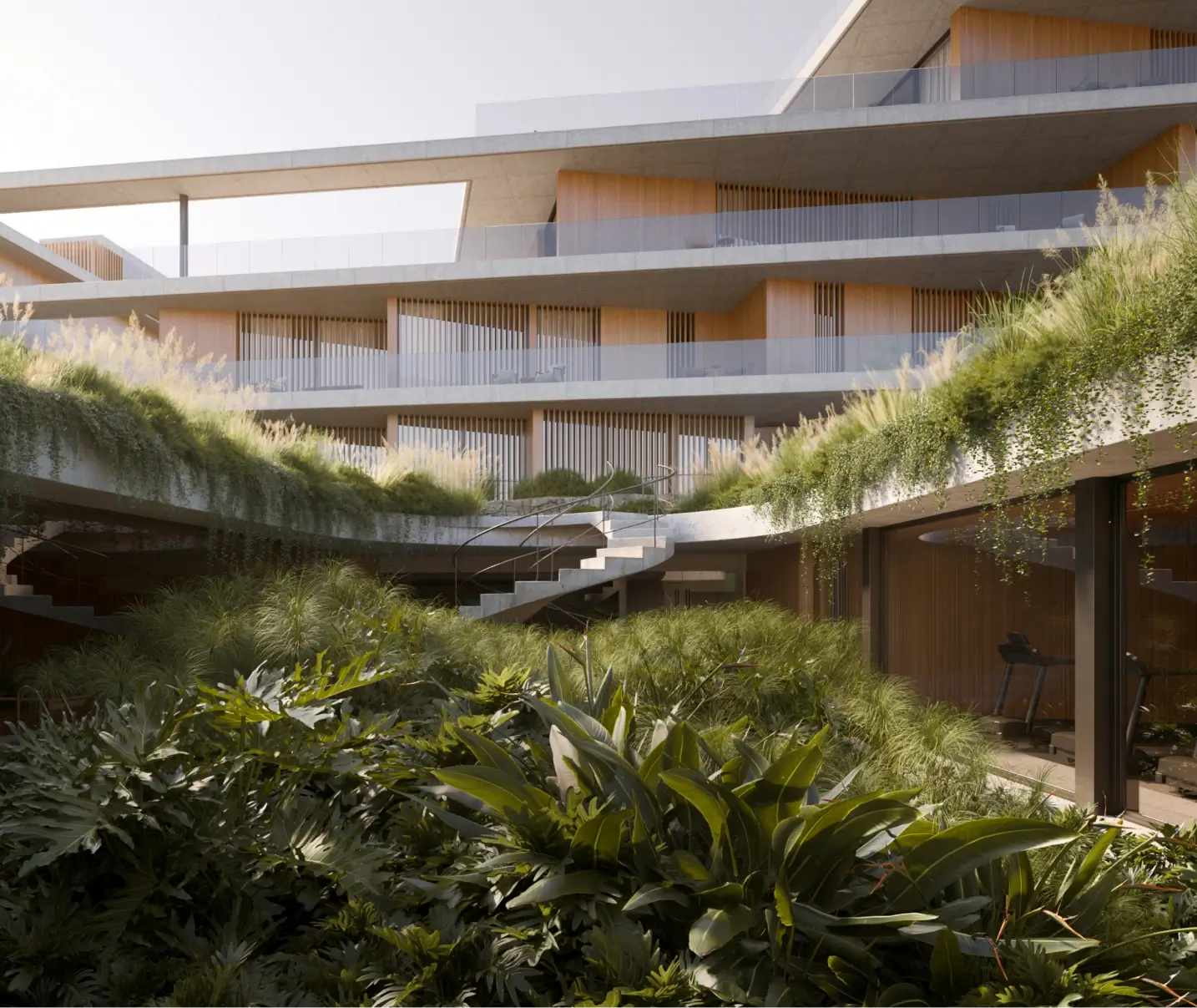 Arquitectura biofílica: edificio residencial con patio interior exuberante Diseño arquitectónico que fusiona la naturaleza y la construcción, con un patio interior lleno de vegetación y espacios habitables conectados con el exterior.