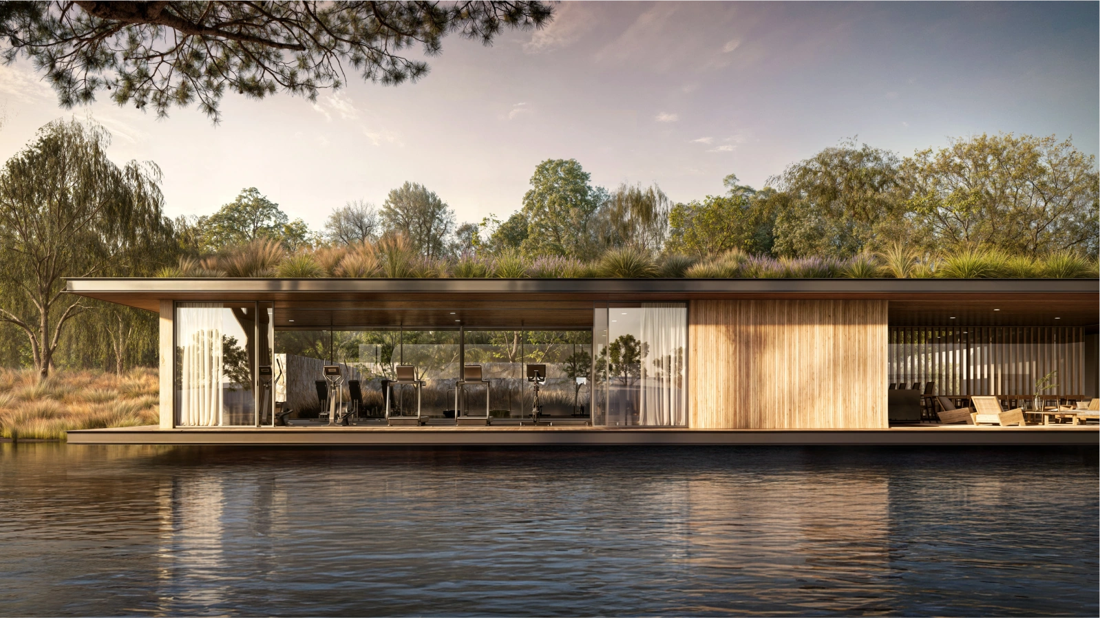 Diseño arquitectónico sostenible con materiales naturales como madera y piedra, integrado en un entorno lacustre.