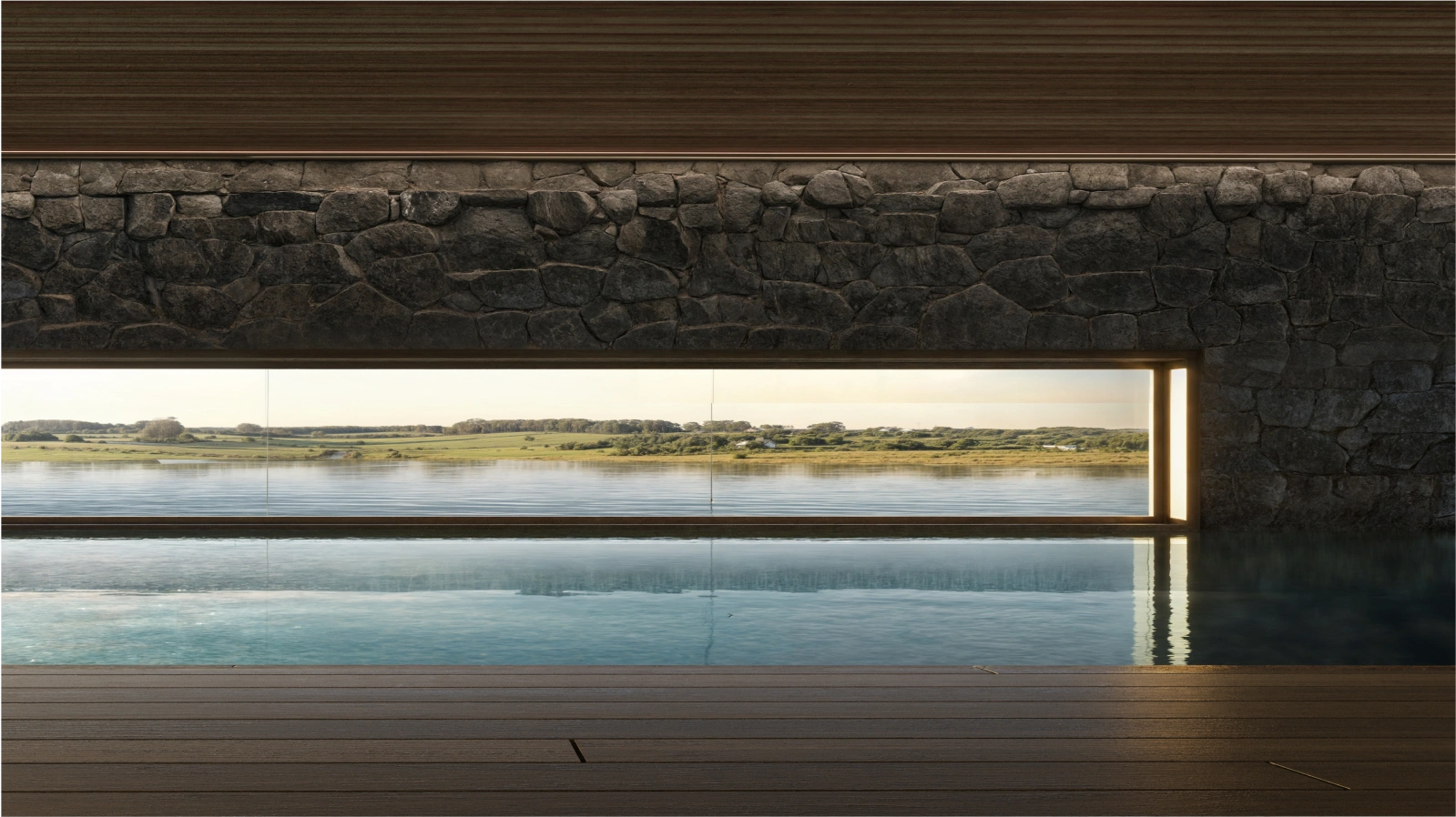 Amplia terraza con mobiliario de exterior moderno, perfecta para disfrutar de las vistas al lago y el atardecer. Diseño minimalista que se integra con la naturaleza.