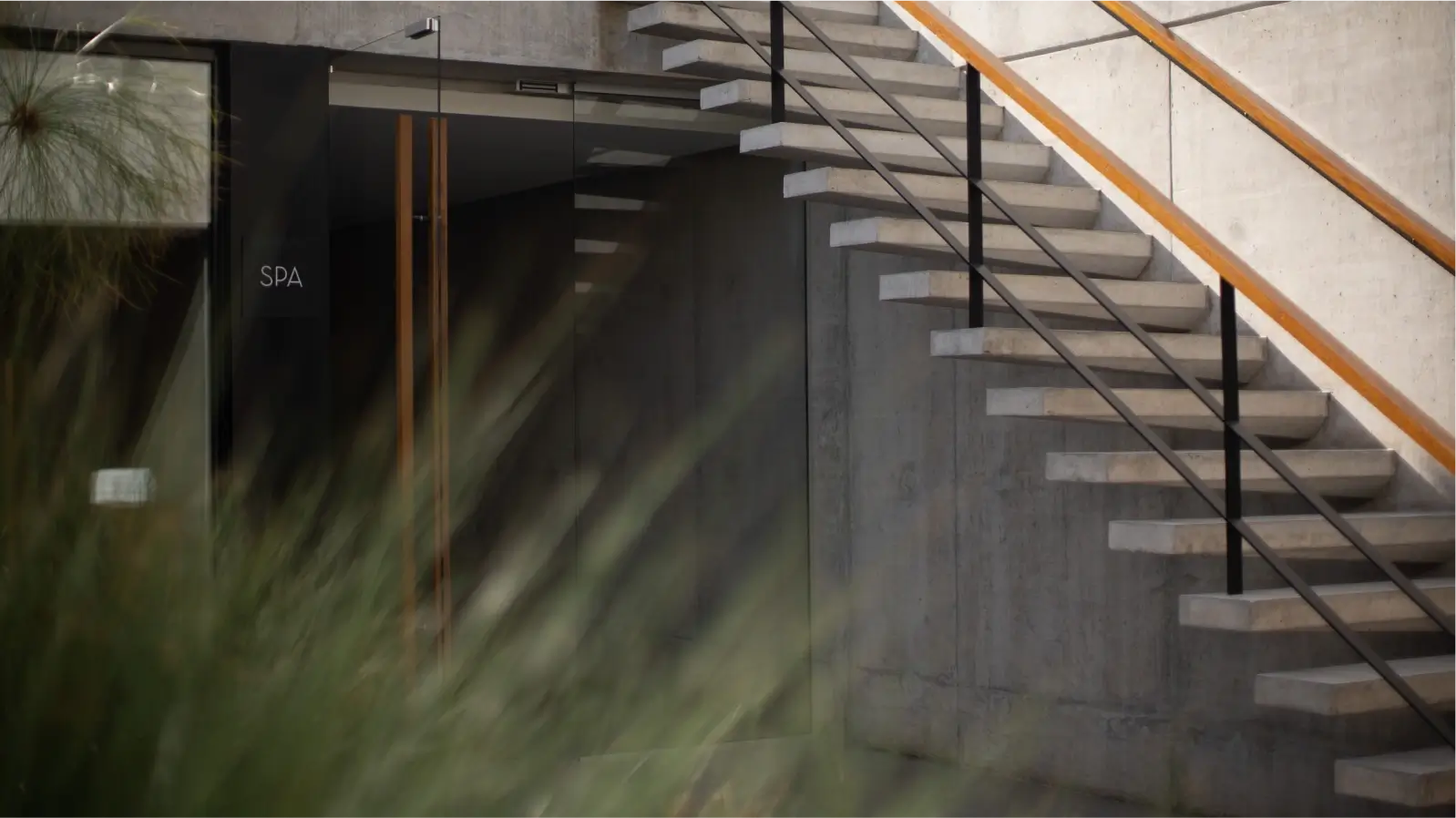 Escalera exterior de concreto con barandas de metal y madera que conduce a la entrada de un spa. La escalera está rodeada de vegetación y tiene una puerta de vidrio con el letrero 'SPA'.