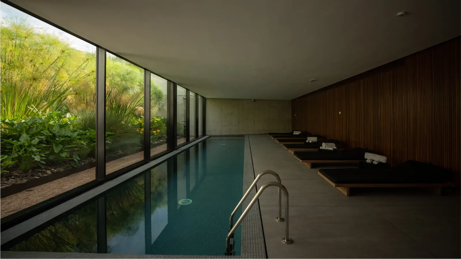 Piscina interior rodeada de grandes ventanales con vista a un jardín. La piscina cuenta con varias tumbonas de madera y una escalera de acero inoxidable. Las paredes están revestidas de madera y el suelo es de baldosas de gran formato.