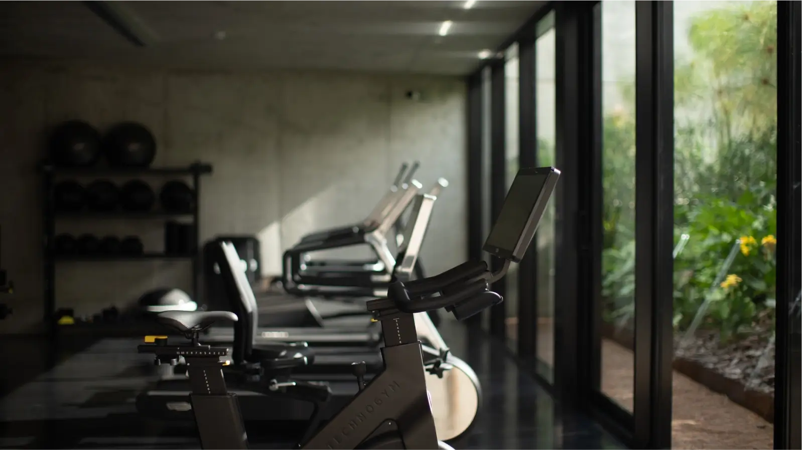Gimnasio moderno y luminoso con varias bicicletas estáticas y cintas de correr. Las máquinas están ubicadas frente a grandes ventanales con vista a un jardín.